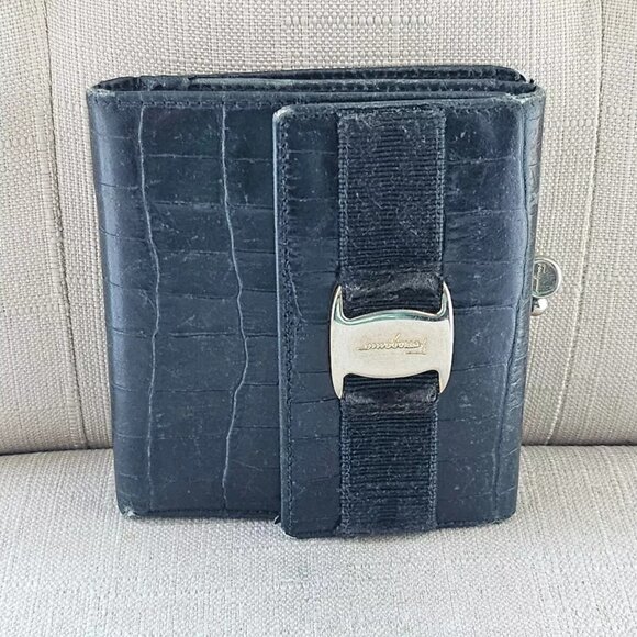 Salvatore Ferragamo Handbags - Salvatore Ferragamo Card Holder Black Trifold Wallet Embossed Leather Made Italy